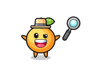Bir davayı çözmeyi başaran bir dedektif olarak turuncu meyve maskotunun çizimi, tişört, çıkartma, logo elementi için şirin bir tasarım.