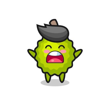 Esneme ifadesi olan sevimli Durian maskotu tişört, çıkartma, logo elementi için şirin bir tasarım.