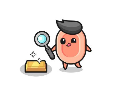 sabun karakteri altın külçesinin orijinalliğini kontrol ediyor, tişört, etiket, logo elementi için şirin bir tasarım.