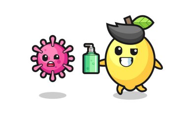 El dezenfektanı ile kötü virüsü kovalayan limon karakteri tasarımı tişört, çıkartma, logo elementi için şirin bir tasarım.