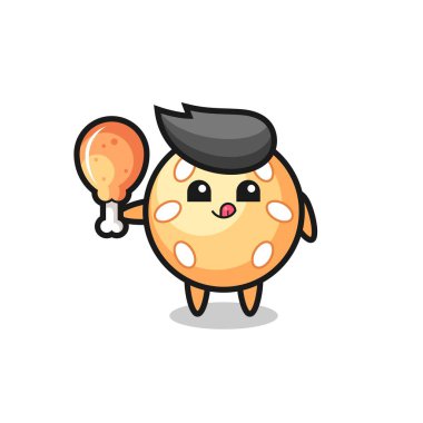 Susamlı şirin maskot kızarmış tavuk yiyor. Tişört, çıkartma, logo elementi için şirin bir tasarım.