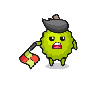 Durian karakteri çizgi hakemi olarak bayrağı 45 derecelik açıyla aşağıda tut, tişört, etiket, logo elementi için şirin bir tasarım.