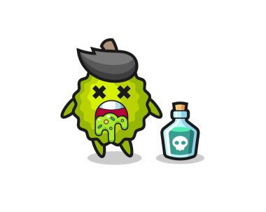 Zehirlenmeden dolayı kusan Durian karakterinin çizimi, tişört, etiket, logo elementi için şirin bir tasarım