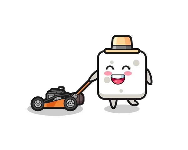 Illustration Sugar Cube Character Using Lawn Mower Cute Style Design — Wektor stockowy