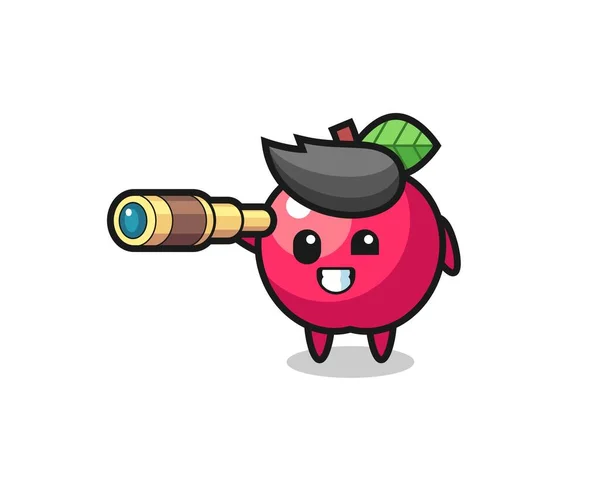 Cute Apple Character Holding Old Telescope Cute Style Design Shirt — Stockový vektor