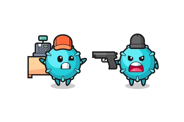 Illustration Cute Virus Cashier Pointed Gun Robber Cute Style Design — Stockový vektor