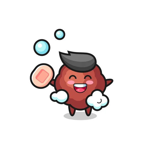 Meatball Χαρακτήρα Είναι Μπάνιο Ενώ Κρατώντας Σαπούνι Χαριτωμένο Σχεδιασμό Στυλ — Διανυσματικό Αρχείο
