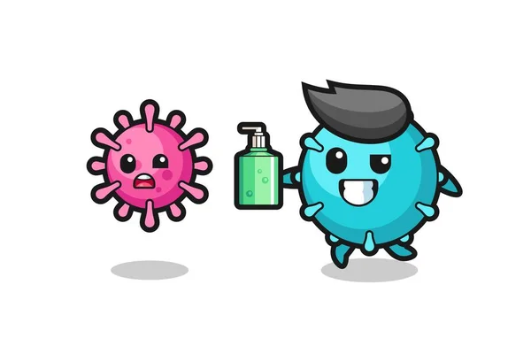 Illustration Virus Character Chasing Evil Virus Hand Sanitizer Cute Style — Stock Vector