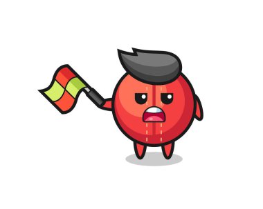 Çizgi film hakimi olarak kriket topu çizgi filmi bayrağı 45 derecelik açıyla kaldırın, tişört, çıkartma, logo elementi için şirin bir tasarım yapın.