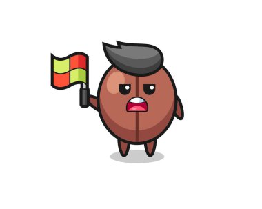 Kahve çekirdeği karakteri çizgi hakimi bayrağı kaldırıyor, tişört, çıkartma, logo elementi için şirin bir tasarım.