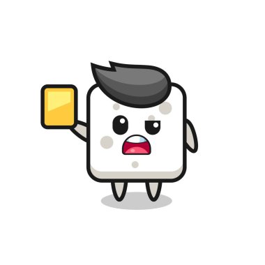 Futbol hakemi olarak çizgi film şeker küpü karakteri sarı kart veriyor, tişört, çıkartma, logo elementi için şirin bir tasarım.