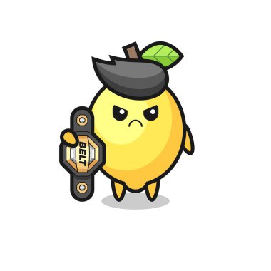 Şampiyon kemeri olan bir MMA dövüşçüsü olarak limon maskotu karakteri tişört, çıkartma, logo elementi için şirin bir tasarım.