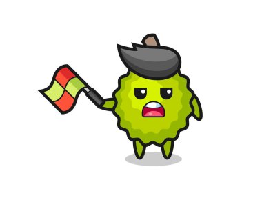 Durian çizgi filmi çizgi film yargıcı olarak bayrağı 45 derecelik açıyla kaldırın, tişört, çıkartma, logo elementi için şirin bir tasarım.