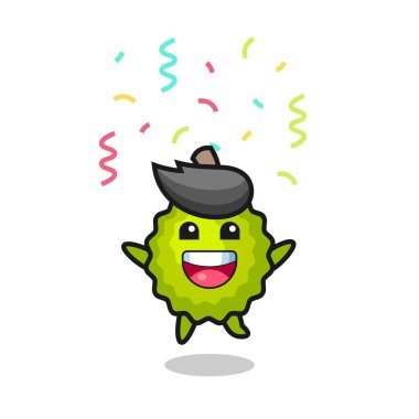 Renkli konfetilerle tebrik etmek için Durian maskotu atlaması tişört, çıkartma, logo elementi için şirin bir tasarım.