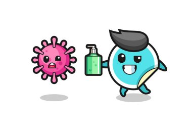 Çıkartma karakteri el dezenfektanı ile kötü virüsü kovalıyor tişört, çıkartma, logo elementi için şirin bir tasarım.