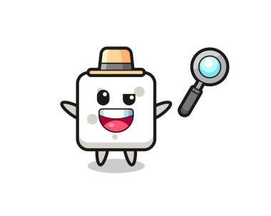 Şeker küpü maskotunun bir davayı çözen bir dedektif olarak tasviri, tişört, çıkartma, logo elementi için şirin bir tasarım.