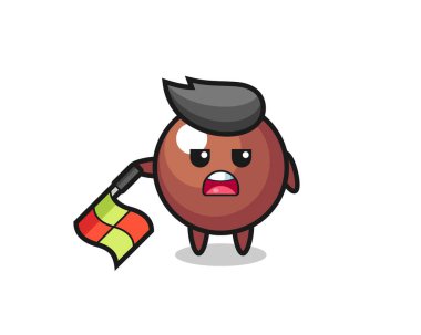 Çizgi hakemi olarak çikolata topu karakteri bayrağı 45 derecelik açıyla aşağıda tut, tişört, çıkartma, logo elementi için şirin bir tasarım.