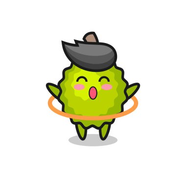 Şirin Durian çizgi filmi hula hoop oynuyor. Tişört, çıkartma, logo elementi için şirin bir tasarım.