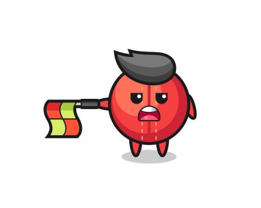 Çizgi yargıcı olarak kriket topu karakteri bayrağı yatay olarak düz tut, tişört, etiket, logo elementi için şirin bir tasarım yap