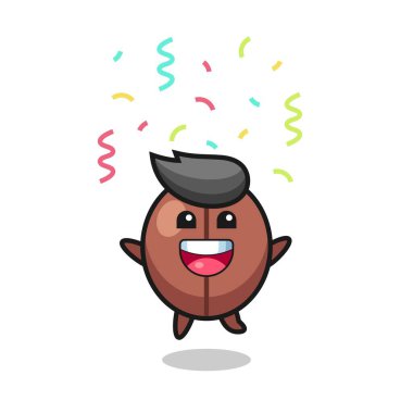 Renkli konfetilerle tebrik için zıplayan mutlu kahve çekirdeği maskotu tişört, çıkartma, logo elementi için şirin bir tasarım.