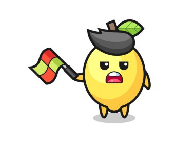 Çizgi film yargıcı olarak limon çizgi filmi bayrağı 45 derecelik açıyla kaldırın, tişört, çıkartma, logo elementi için şirin bir tasarım yapın.