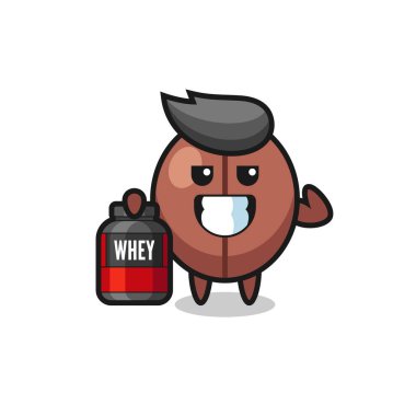 Kas kahvesi karakterinin elinde protein takviyesi var. Tişört, çıkartma, logo elementi için şirin bir tasarım.
