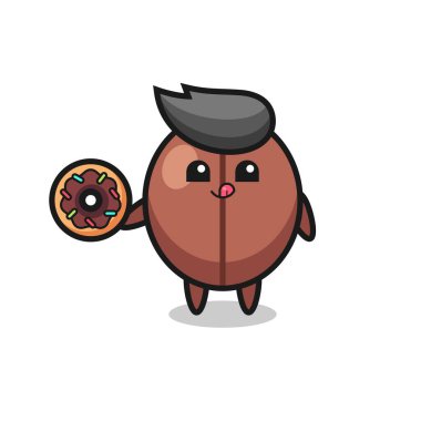 Kahve çekirdekli bir karakterin çörek yediğini gösteren bir resim. Tişört, çıkartma, logo elementi için şirin bir tasarım.