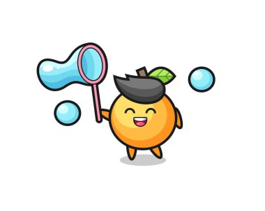 Mutlu turuncu meyve çizgi filmi sabun köpüğü oynuyor, tişört, çıkartma, logo elementi için şirin bir tasarım.