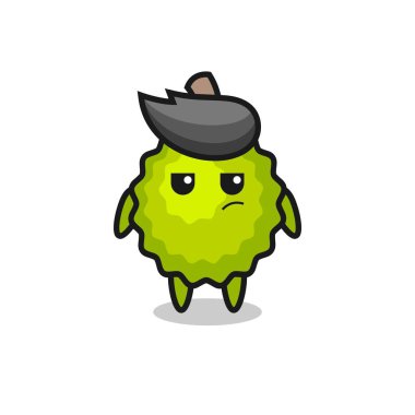 Şüpheli ifadeye sahip sevimli Durian karakteri, tişört, etiket, logo ögesi için şirin tarz tasarımı