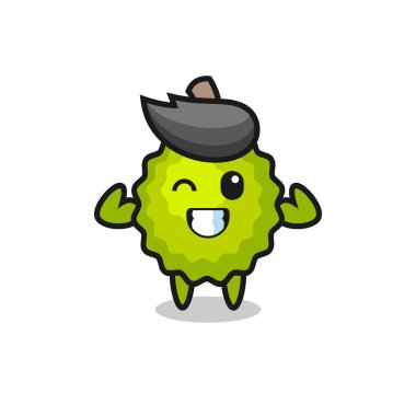 Kaslı Durian karakteri kaslarını gösteriyor. Tişört, çıkartma, logo elementi için şirin bir tasarım.