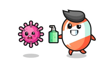 Şekerleme karakteri el dezenfektanı ile kötü virüsü kovalıyor tişört, çıkartma, logo elementi için şirin bir tasarım.