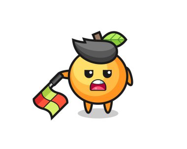 çizgi hakemi olarak turuncu meyve karakteri bayrağı 45 derecelik açıyla aşağıda tut, tişört, çıkartma, logo elementi için şirin bir tasarım.