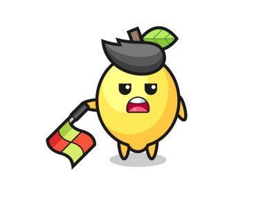 Çizgi hakemi olarak limon karakteri bayrağı 45 derecelik açıyla aşağıda tut, tişört, etiket, logo elementi için şirin bir tasarım.