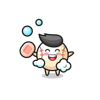 Beyzbol karakteri sabun tutarken banyo yapıyor, tişört, çıkartma, logo elementi için şirin bir tasarım.