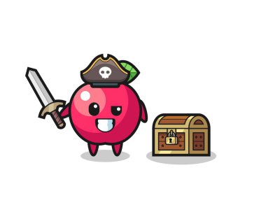 Elma korsan karakteri bir hazine kutusunun yanında kılıç tutuyor. Tişört, çıkartma, logo elementi için şirin bir tasarım.