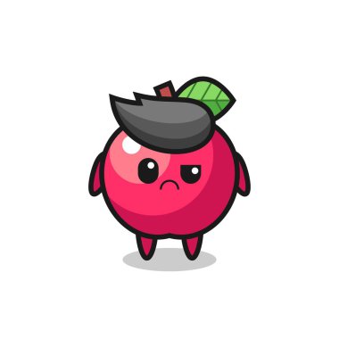 Kuşkulu yüzlü elmanın maskotu, tişört, çıkartma, logo elementi için şirin bir tasarım.