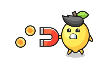 Limon karakteri altın sikkeleri yakalamak için bir mıknatıs tutar, tişört, etiket, logo elementi için şirin bir tasarım.