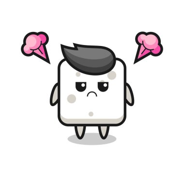 Tatlı şeker küpü çizgi film karakterinin rahatsız edici ifadesi, tişört, etiket, logo ögesi için şirin tarz tasarımı