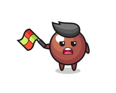 Çizgi film yargıcı olarak çikolata topu bayrağı 45 derecelik açıyla kaldırıyor, tişört, çıkartma, logo elementi için şirin bir tasarım.