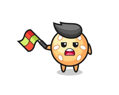 Çizgi film hakimi olarak susam topu çizgi filmi bayrağı 45 derecelik açıyla kaldırın, tişört, çıkartma, logo elementi için şirin bir tasarım yapın.