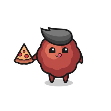 Pizza yiyen tatlı köfte karikatürü, tişört, etiket, logo elementi için şirin tasarım.
