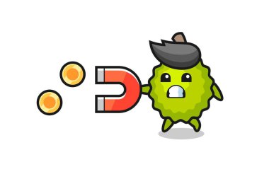 Durian karakteri altın sikkeleri yakalamak için bir mıknatıs tutar, tişört, etiket, logo elementi için şirin bir tasarım