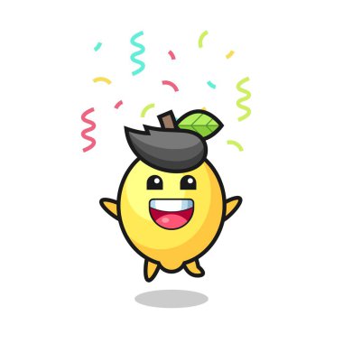 Renkli konfetilerle tebrik etmek için limon maskotu atlaması tişört, çıkartma ve logo elementleri için şirin bir tasarım.