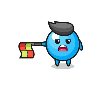 Çizgi hakemi olarak sakız karakteri bayrağı yatay tutun, tişört, etiket, logo ögesi için şirin bir tasarım yapın