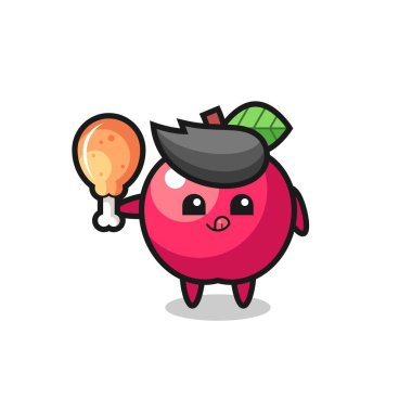 Elma tatlısı maskot, elma hırsızının kızarmış tavuk resimlerini yiyor. Polis tarafından poz verdirilmiş, tişört, çıkartma ve logo için şirin bir tasarım.