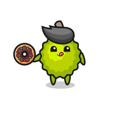 Tişört, etiket, logo elementi için şirin bir tasarım olan donut yiyen Durian karakterinin çizimi