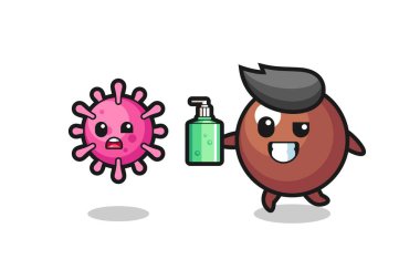 Çikolata topu karakteri el dezenfektanı ile kötü virüsü kovalıyor tişört, çıkartma, logo elementi için şirin bir tasarım.