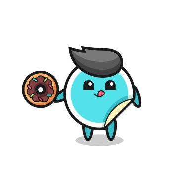 Tişört, etiket, logo elementi için şirin bir tasarım olan donut yiyen bir karakterin çizimi