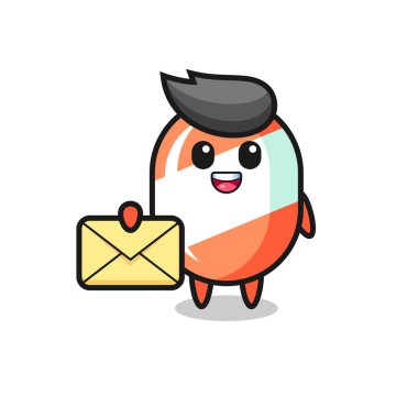 Şekerin sarı bir harf taşıdığı karikatür çizimi, tişört, çıkartma, logo elementi için şirin bir tasarım.