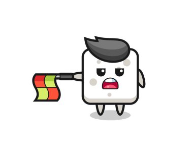 Çizgi hakemi olarak şeker küpü karakteri bayrağı yatay tutun, tişört, etiket, logo ögesi için şirin bir tasarım yapın